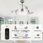 42 Inch Chrome Modern Retractable Ceiling Fan with Dimmable LED Light and Remote, 6 Speeds DC Motor Reversible Fandelier Ceiling Fan