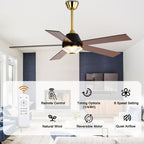 52 Inch Black and Gold Modern Ceiling Fan with LED Light and Remote Control, 6 Speeds DC Motor 5-Blade Reversible Ceiling Fan for Living Room