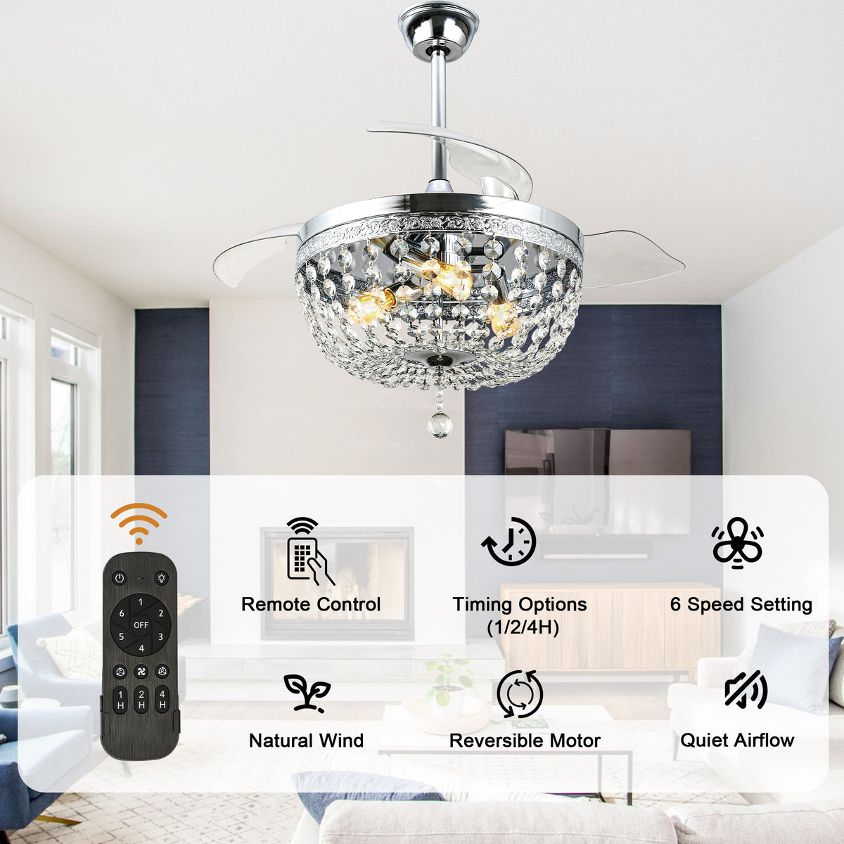 42 Inch Chrome Modern Glam Crystal Retractable Ceiling Fan with Lights and Remote Control, 6 Speeds DC Motor Fandelier Ceiling Fan