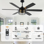 Modern 60 Inch Industrial Caged Ceiling Fan with Light Reversible Quiet DC Motor with 6 Speed Remote Control Ceiling Fan Adjustable Down Rodes Ceiling Fan with Light Suit for Bedroon,Living Room