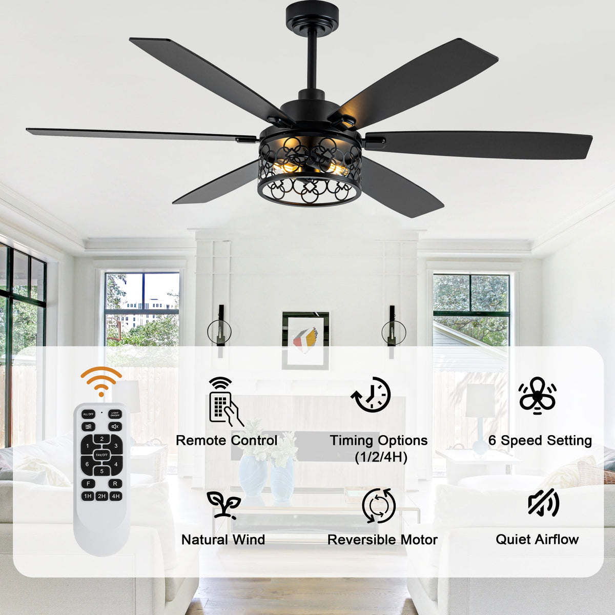 Modern 60 Inch Industrial Caged Ceiling Fan with Light Reversible Quiet DC Motor with 6 Speed Remote Control Ceiling Fan Adjustable Down Rodes Ceiling Fan with Light Suit for Bedroon,Living Room
