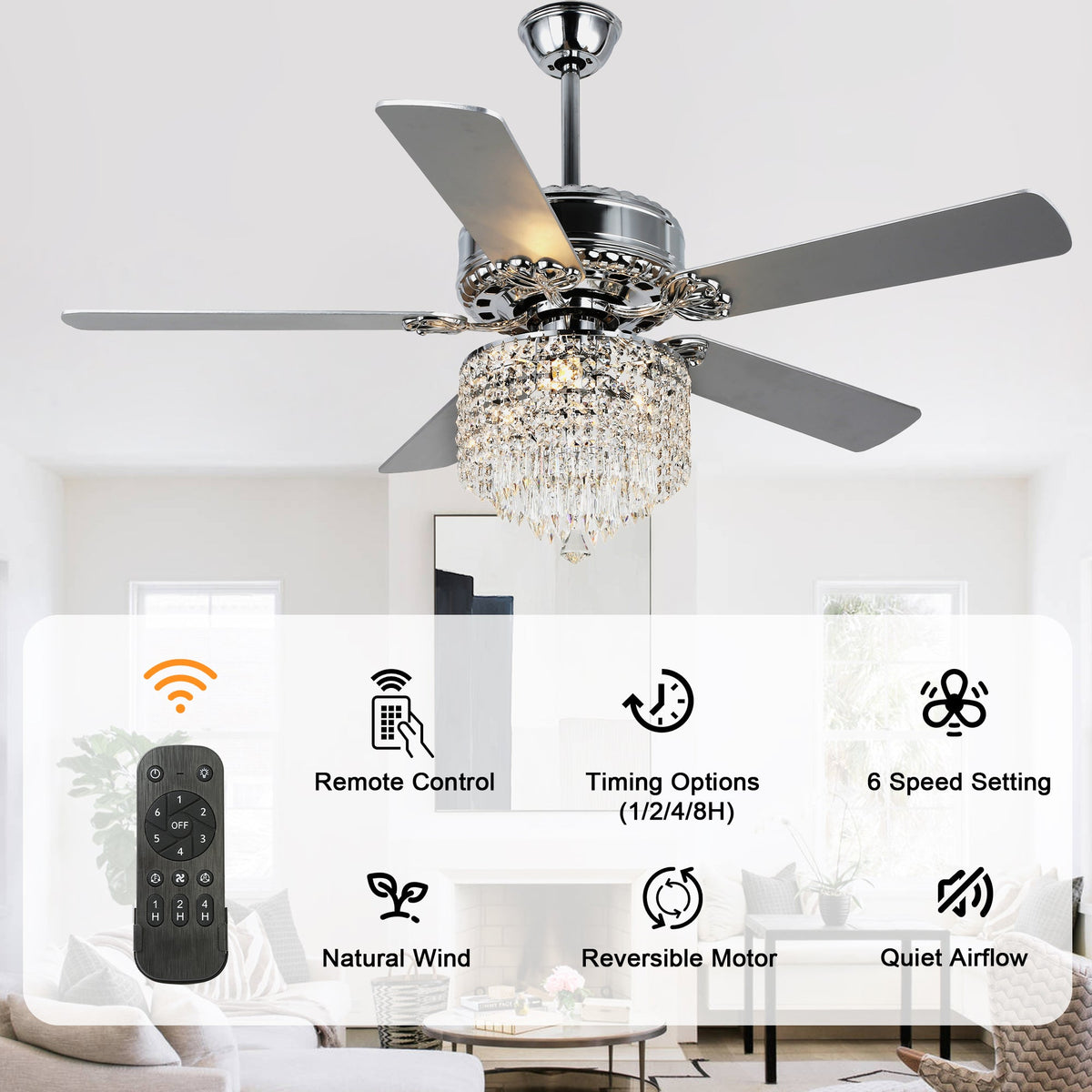52 Inch Chrome Glam Crystal Ceiling Fan with Lights and Remote, 6 Speeds DC Motor Reversible Chandelier Ceiling Fan with Crystals