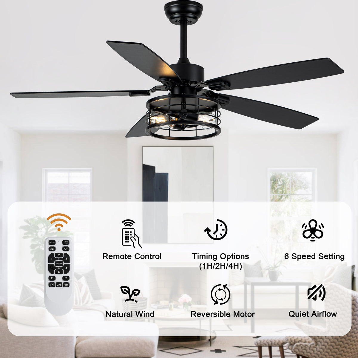 52 Inch Industrial Metal Caged Ceiling Fan with Lights and Remote Control, Silent DC Motor Fan for All Seasons