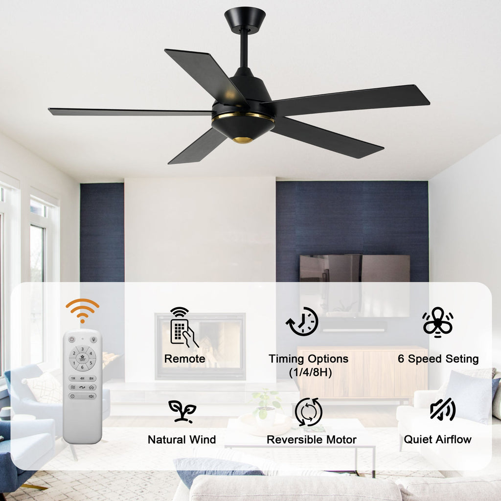 52 Inch Black Modern Ceiling Fan with Remote Control, 6 Speeds DC Motor 5-Blade Reversible Ceiling Fan for Living Room