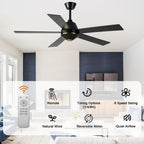 52 Inch Black Modern Ceiling Fan with Remote Control, 6 Speeds DC Motor 5-Blade Reversible Ceiling Fan for Living Room