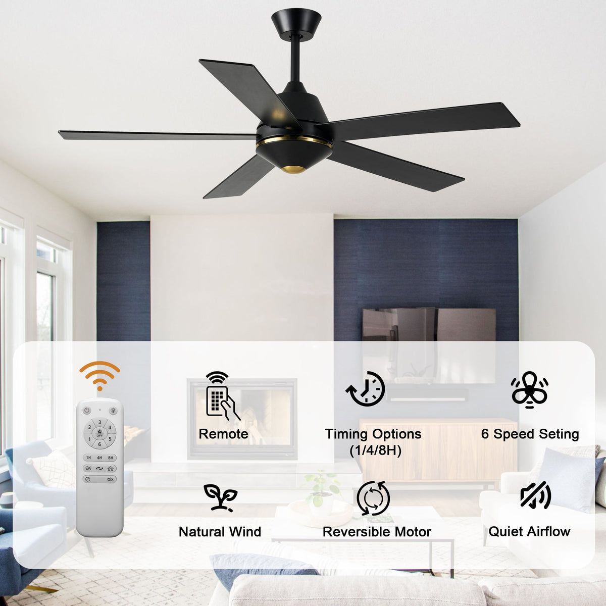 52 Inch Black Modern Ceiling Fan with Remote Control, 6 Speeds DC Motor 5-Blade Reversible Ceiling Fan for Living Room