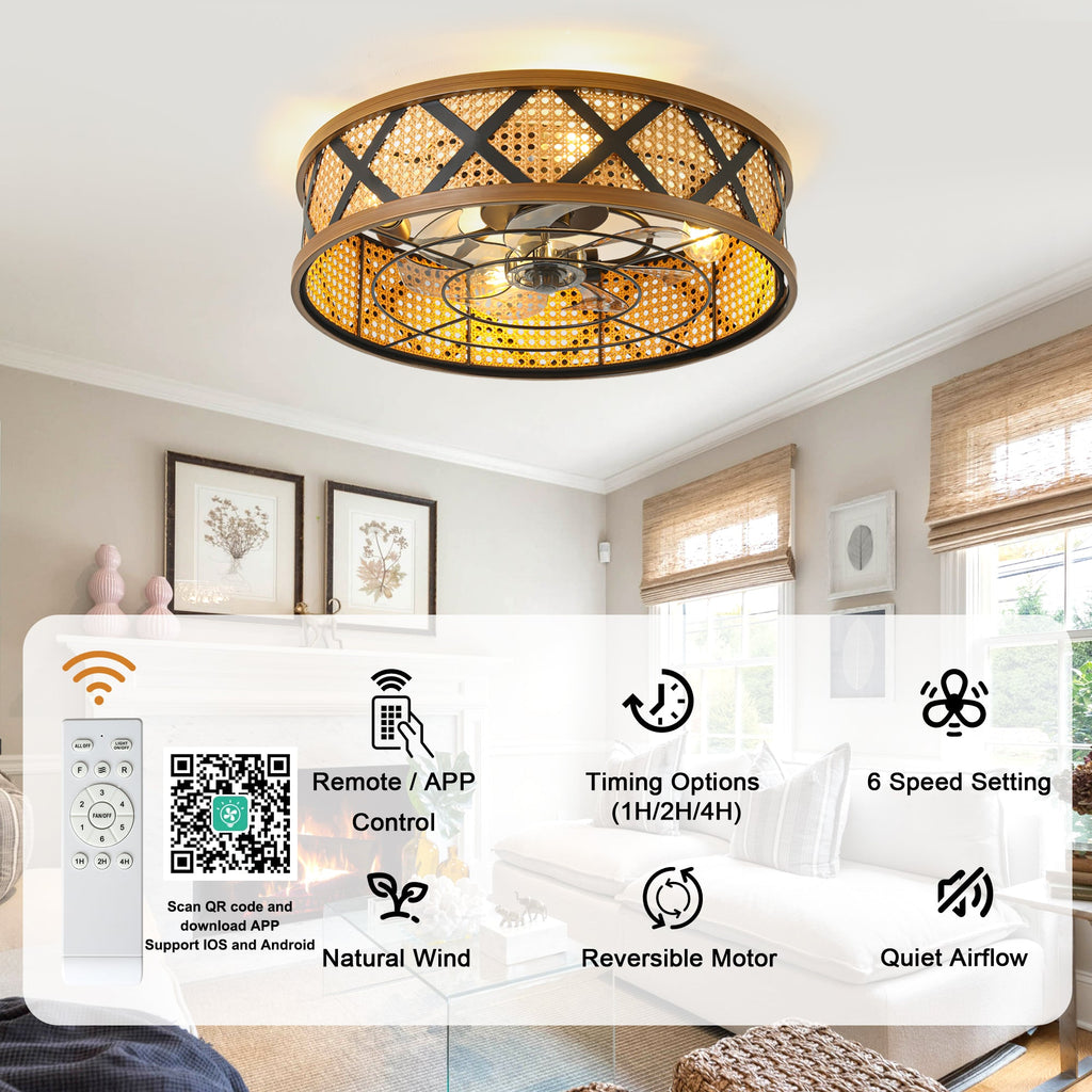 23 Inch Boho Rattan Flush Mount Ceiling Fan with Lights and Remote, 6 Speeds DC Motor Farmhouse Low Profile Bladeless Ceiling Fan