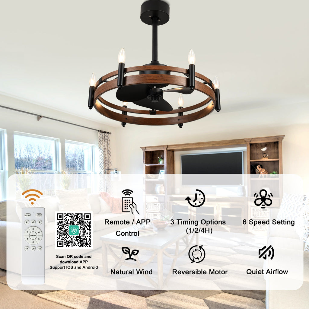 24 Inch Black Farmhouse Wagon Wheel Ceiling Fan with Lights and Remote, 6 Speeds DC Motor Reversible Bladeless Fandelier Ceiling Fan