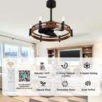 24 Inch Black Farmhouse Wagon Wheel Ceiling Fan with Lights and Remote, 6 Speeds DC Motor Reversible Bladeless Fandelier Ceiling Fan