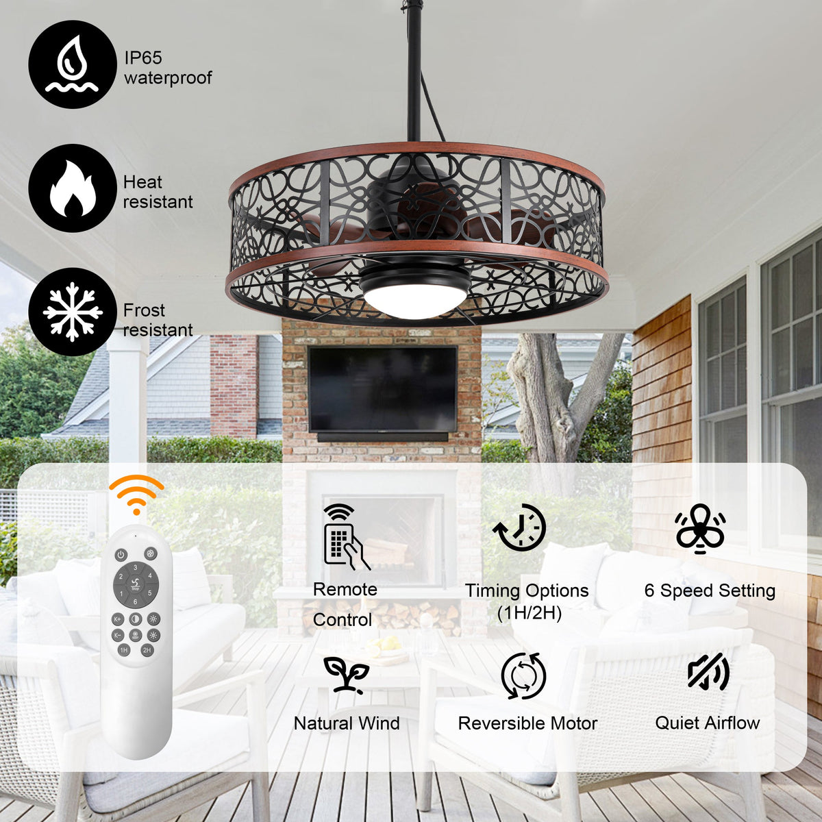 24 Inch Farmhouse Outdoor Waterproof Ceiling Fan with LED Light and Remote, 6 Speeds Black Plug In Caged Outdoor Fan Light