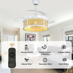 42 Inch White Rattan Retractable Ceiling Fan with Lights and Remote, 6 Speeds DC Motor Bladeless Fandelier Ceiling Fan for Bedroom