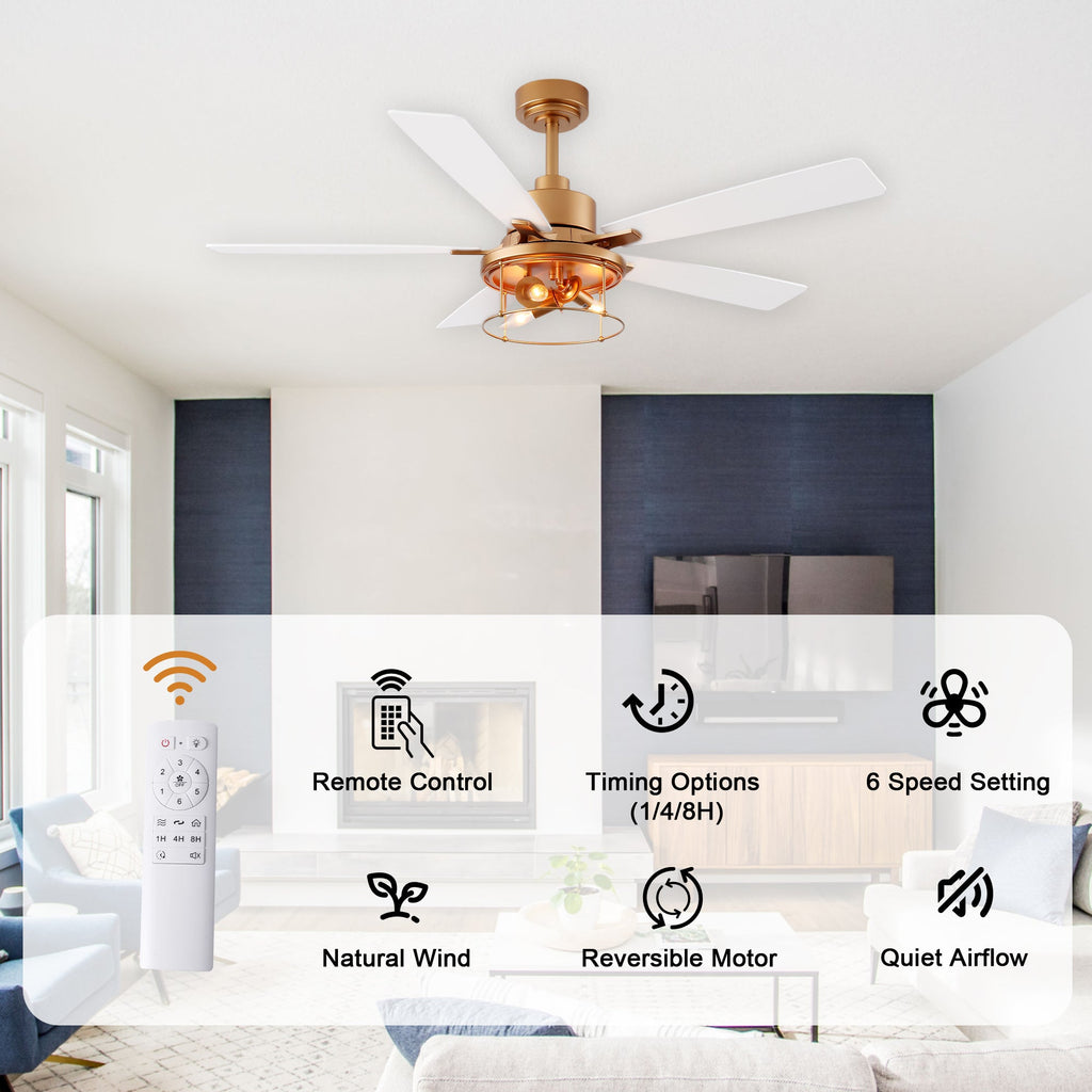 Industrial 52 Inch Gold/Black Caged Ceiling Fan with Light Quiet Reversible DC Motor with 6 Speed Remote Control Ceiling Fan 5 Blades Ceiling Fan Suit for Kitchen Bedroom Living Room
