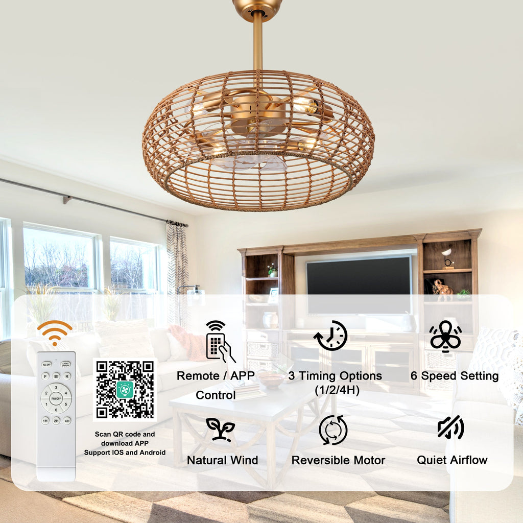 Bohemian 20 Inch Retractable Ceiling Fan with Light Quiet DC Motor Reversible 6-Speed Ceiling Fan with Light Retro 4-Light Ceiling Fan Suit for Living Room, Bedroom, Kitchen