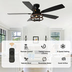 52 Inch Farmhouse Flush Mount Ceiling Fan with Lights and Remote, 6 Speeds DC Motor Reversible Low Profile Ceiling Fan for Living Room