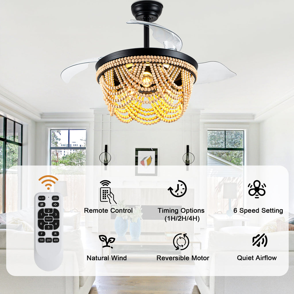 42 Inch Black Boho Retractable Ceiling Fan with Lights and Remote, 6 Speeds DC Motor Bladeless Fandelier Ceiling Fan with Wood Beaded Shade