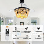 42 Inch Black Boho Retractable Ceiling Fan with Lights and Remote, 6 Speeds DC Motor Bladeless Fandelier Ceiling Fan with Wood Beaded Shade