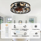 19 Inch Black Farmhouse Flush Mount Ceiling Fan with Lights and Remote, 6 Speeds DC Motor Bladeless Ceiling Fans for Low Profile Ceiling