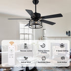 52 Inch Modern Glam Crystal Ceiling Fan with Lights and Remote, 6 Speeds DC Motor Black Reversible Ceiling Fan with Crystal Cage
