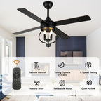 52 Inch Black Classic Ceiling Fan with Lights and Remote Control, 6 Speeds 4-Blade DC Motor Reversible Ceiling Fan for Living Room