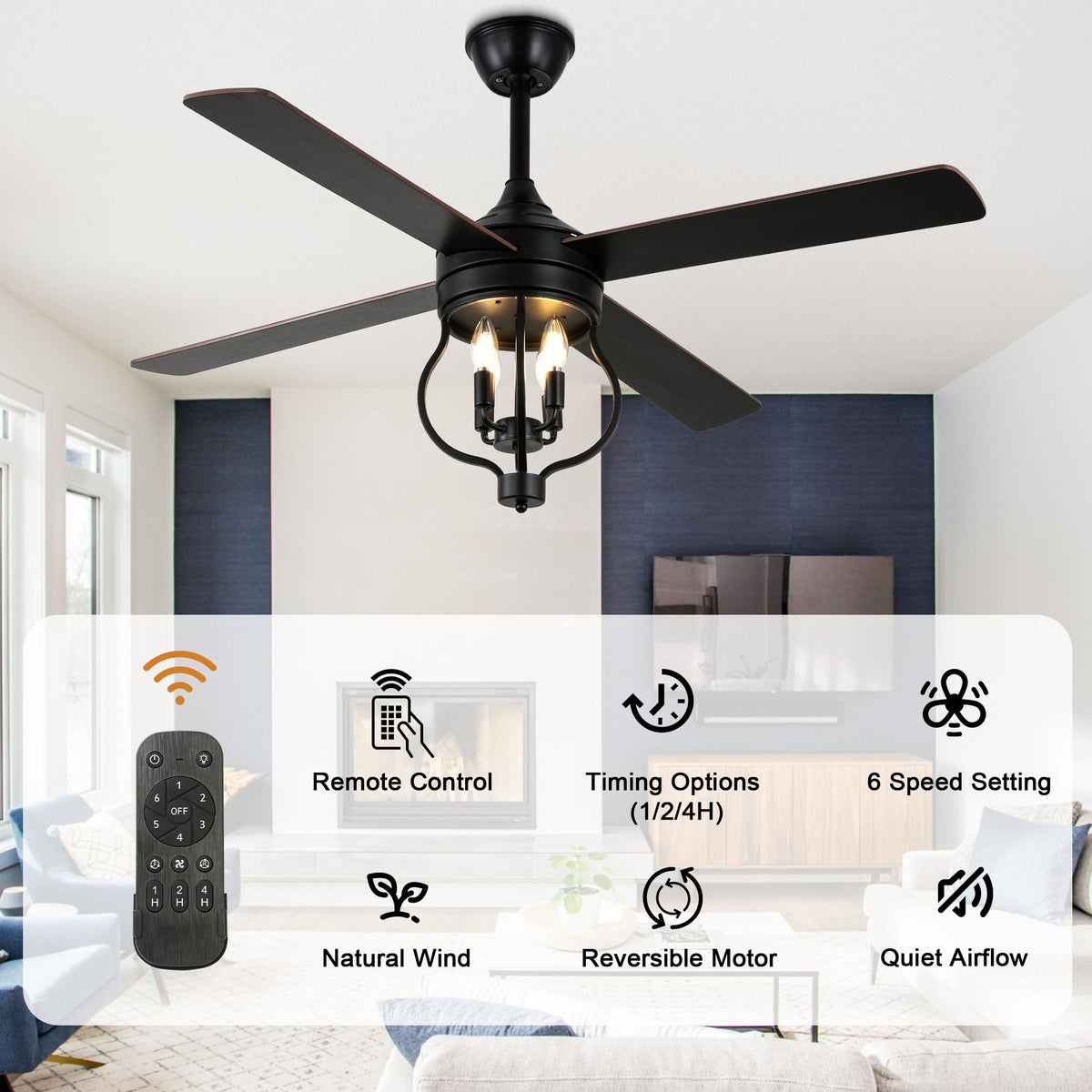 52 Inch Black Classic Ceiling Fan with Lights and Remote Control, 6 Speeds 4-Blade DC Motor Reversible Ceiling Fan for Living Room