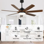 60 Inch 6-Blade Black Modern Large Ceiling Fan with LED Lights and Remote Control, 6 Speeds Reversible Ceiling Fan
