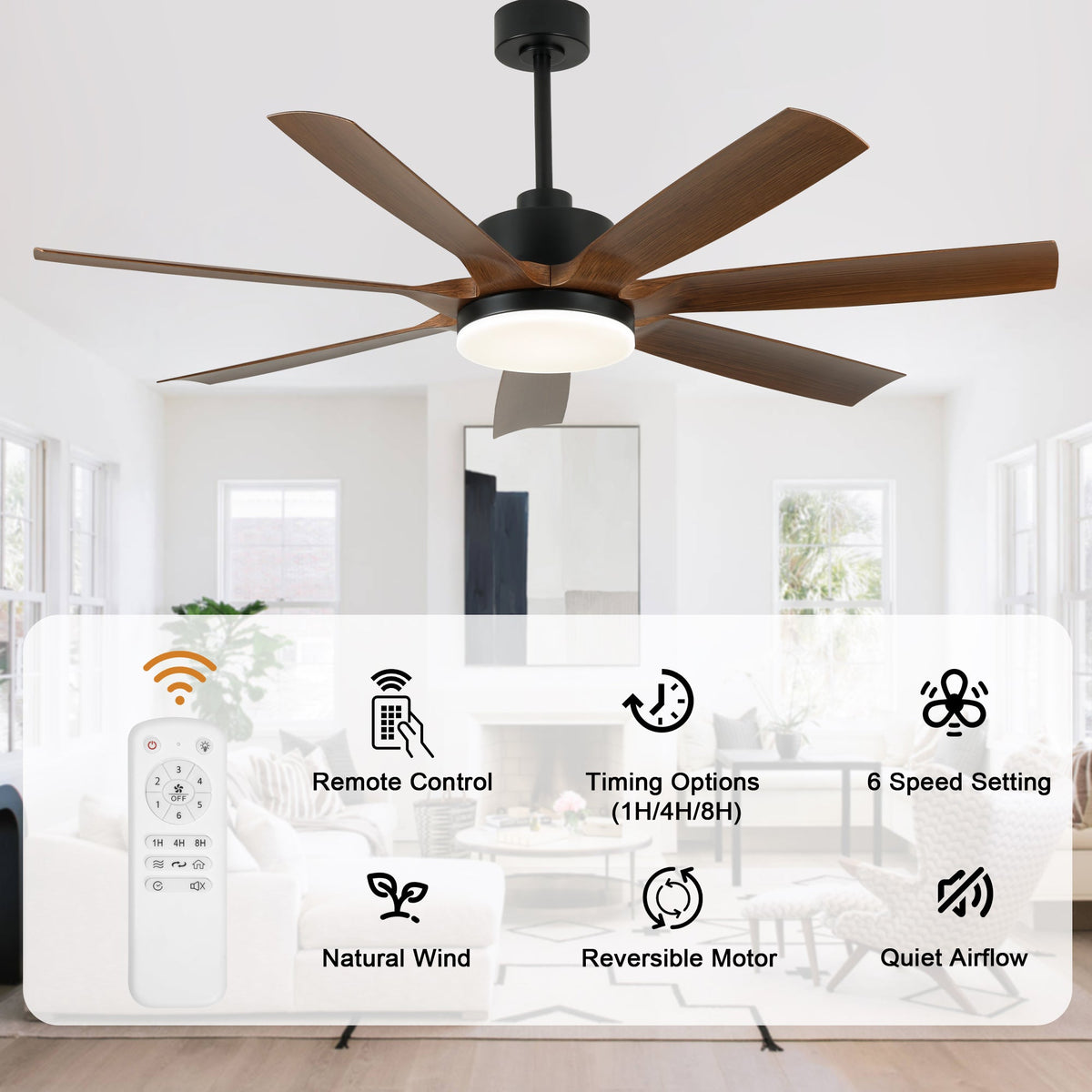 60 Inch 6-Blade Black Modern Large Ceiling Fan with LED Lights and Remote Control, 6 Speeds Reversible Ceiling Fan