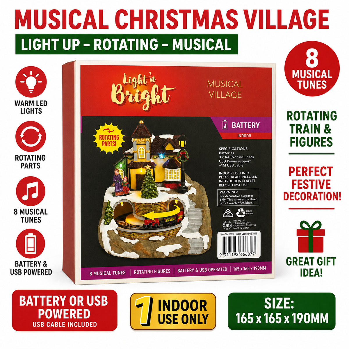 Light Up Musical Christmas Village Rotating Train Xmas Decoration Battery USB