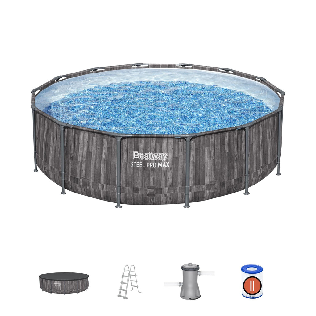 14ft x 42in Wood Print Round Steel Pro Max Above Ground Pool Set
