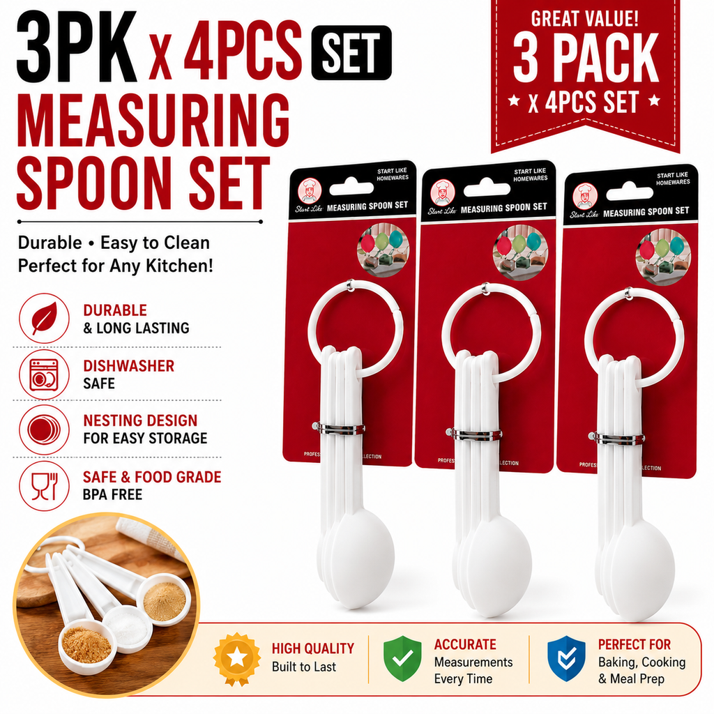 3PK x 4PCS Measuring Spoon Set Plastic Kitchen Baking Spoons White