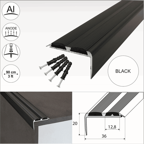 A37 36 x 20mm Anodised Aluminium Non Slip Rubber Stair Nosing Edge Trim With Inserts - Cayrus World of Finishing