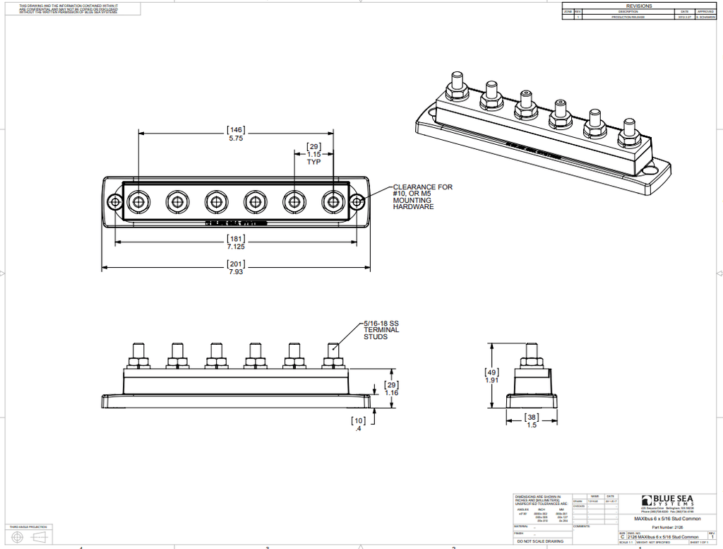 Blue Sea 250A 6x 5/16 Stud Busbar
