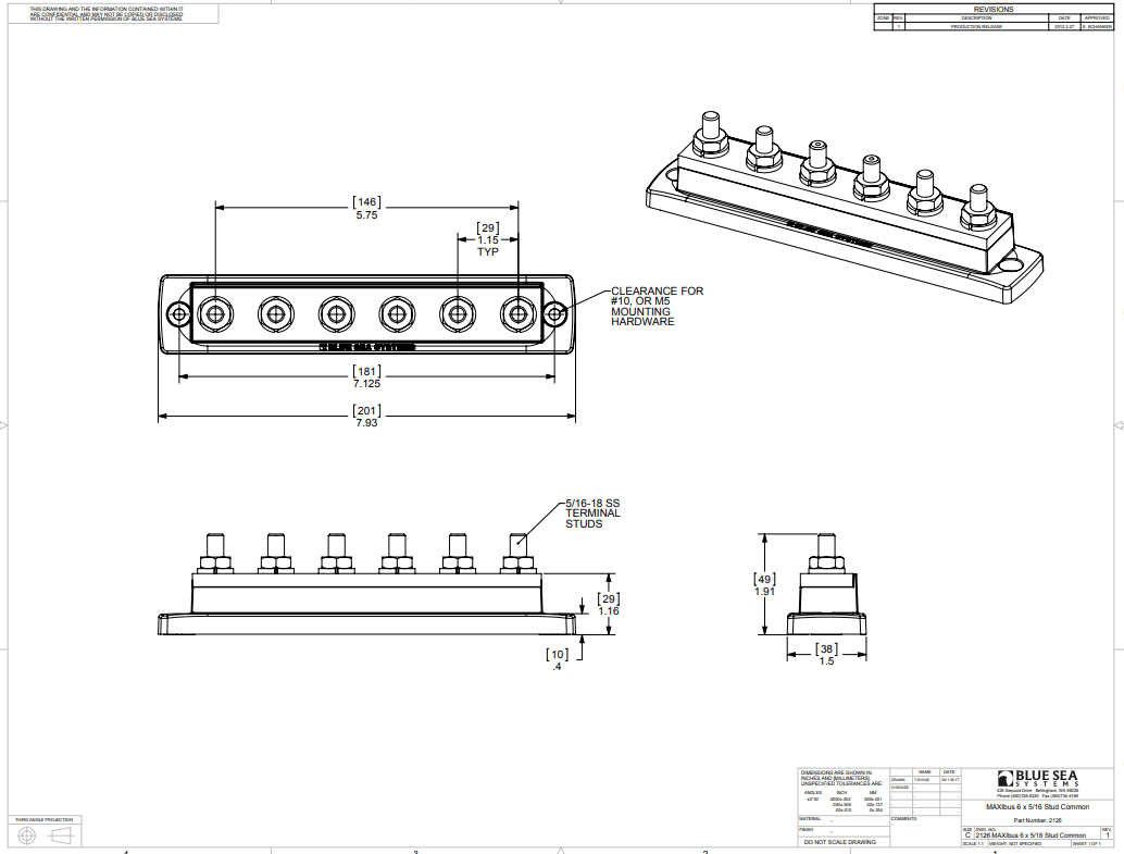 Blue Sea 250A 6x 5/16 Stud Busbar