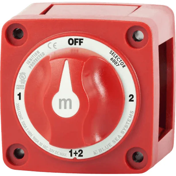Blue Sea 300A Red Mini m-Series 4 Position (OFF/1/2/1+2) Battery Selector Switch
