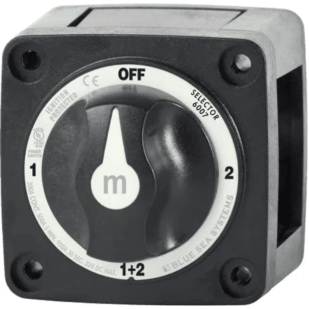 Blue Sea 300A Black Mini m-Series 4 Position (OFF/1/2/1+2) Battery Selector Switch
