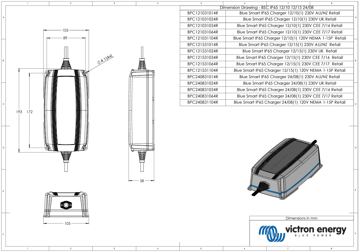Victron 24V 8A Blue Smart IP65 24/8 AU/NZ Battery Charger