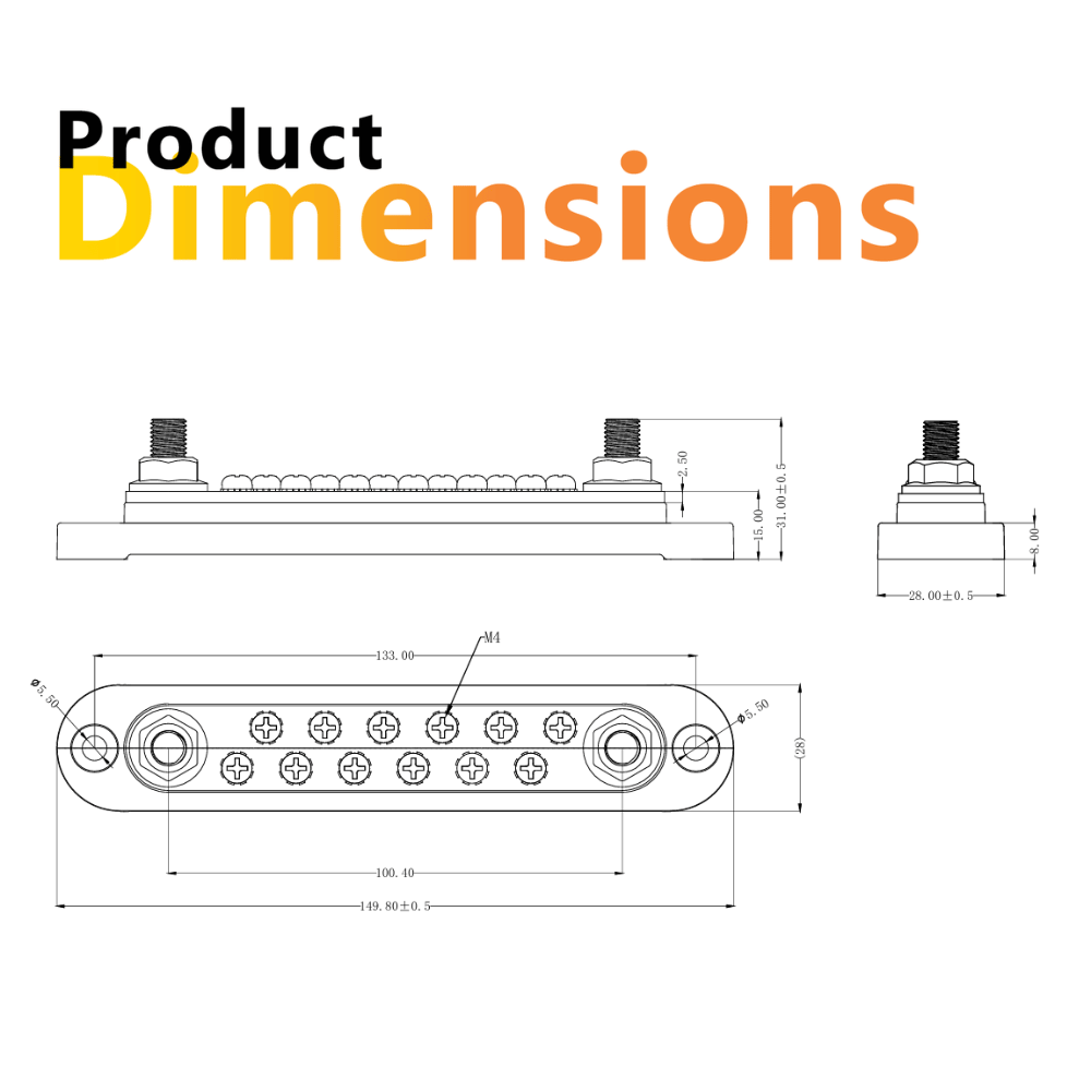 Exotronic 150A Red 2x M6 Stud Busbar with 12 Screws & Cover