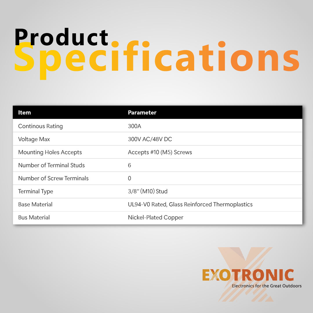 Exotronic 300A Black 6x M10 Stud Busbar with Cover