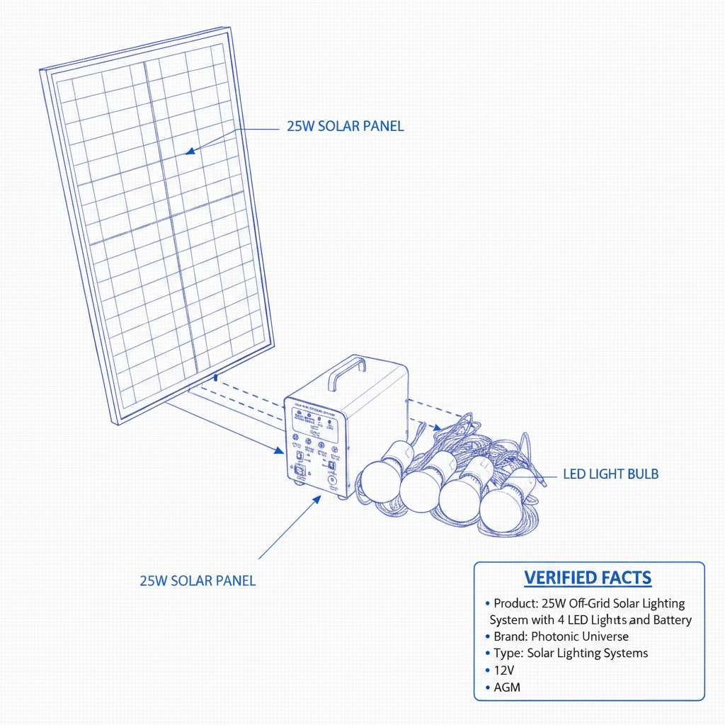 25W Off-Grid Solar Lighting System with 4 LED Lights, Solar Panel and Battery
