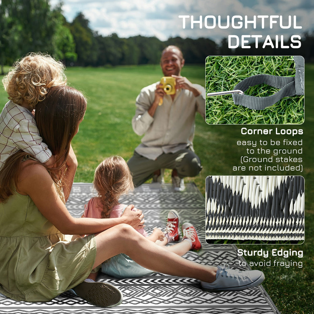9' x 18' Reversible Mat w/ Carry Bag, Boho Waterproof RV Rug for Backyard, Grey & White
