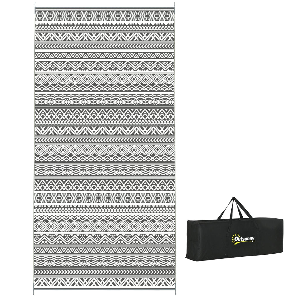 9' x 18' Reversible Mat w/ Carry Bag, Boho Waterproof RV Rug for Backyard, Grey & White