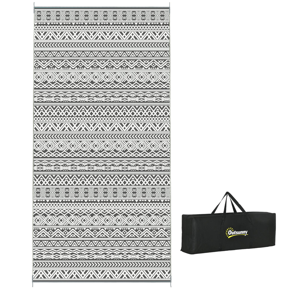 9' x 18' Reversible Mat w/ Carry Bag, Boho Waterproof RV Rug for Backyard, Grey & White