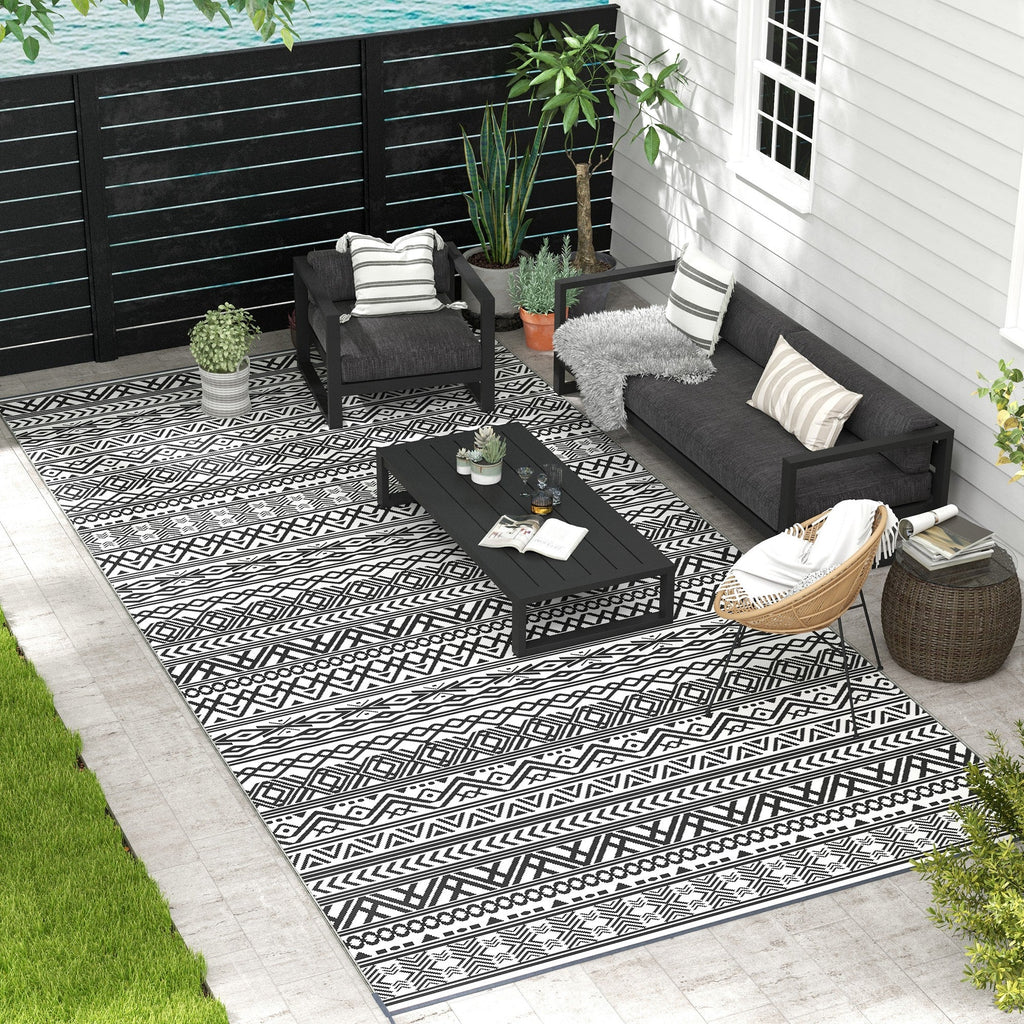 9' x 18' Reversible Mat w/ Carry Bag, Boho Waterproof RV Rug for Backyard, Grey & White