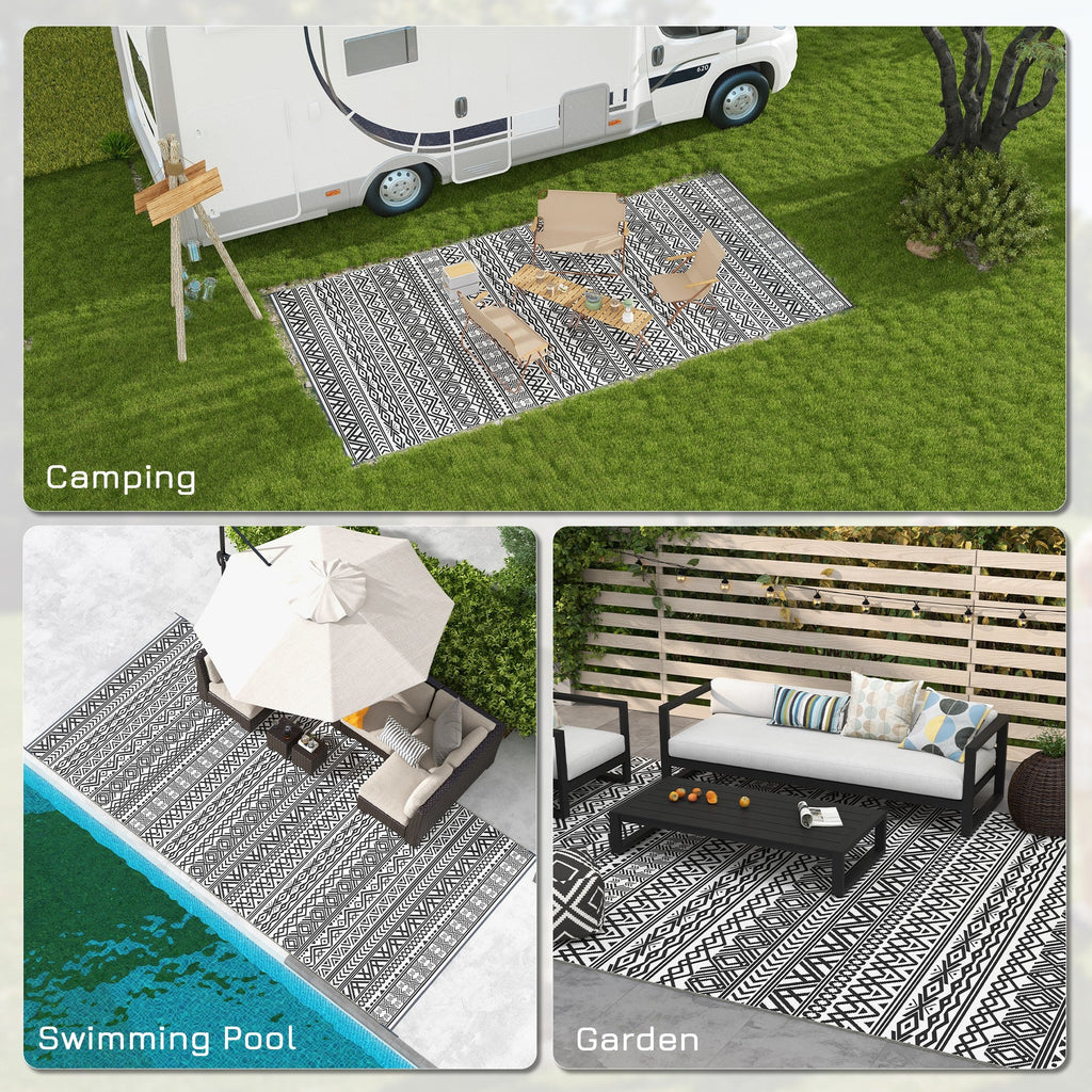 9' x 18' Reversible Mat w/ Carry Bag, Boho Waterproof RV Rug for Backyard, Grey & White