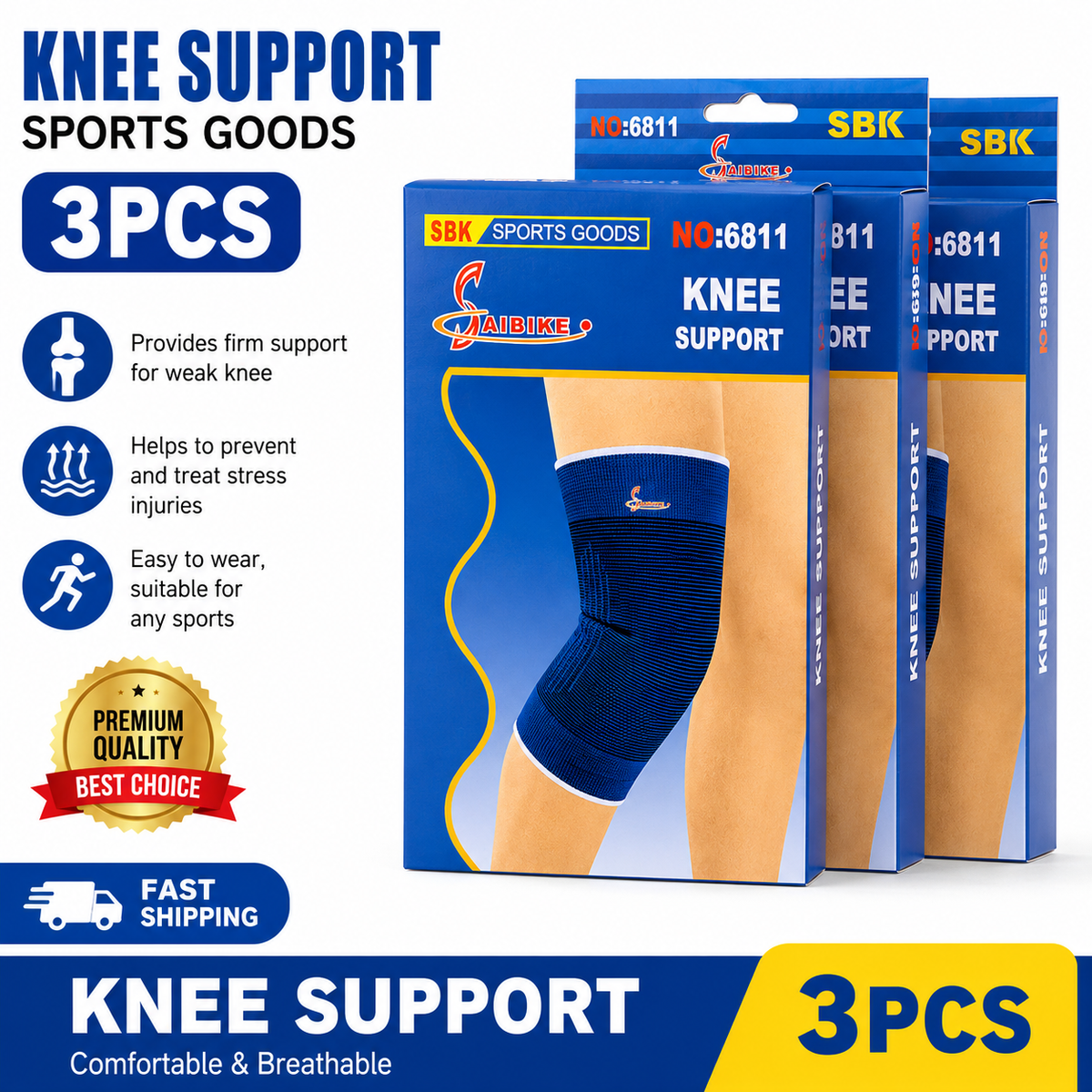 3PCS Knee Support Brace Sleeve Compression Sports Running Gym Joint Stabiliser Blue
