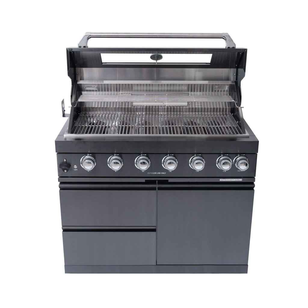 Castelle Flame Black Stainless Steel 6-Burner Gas Grill Kitchen Island with Rotisserie Kit