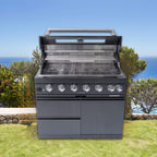 Castelle Flame Black Stainless Steel 6-Burner Gas Grill Kitchen Island with Rotisserie Kit