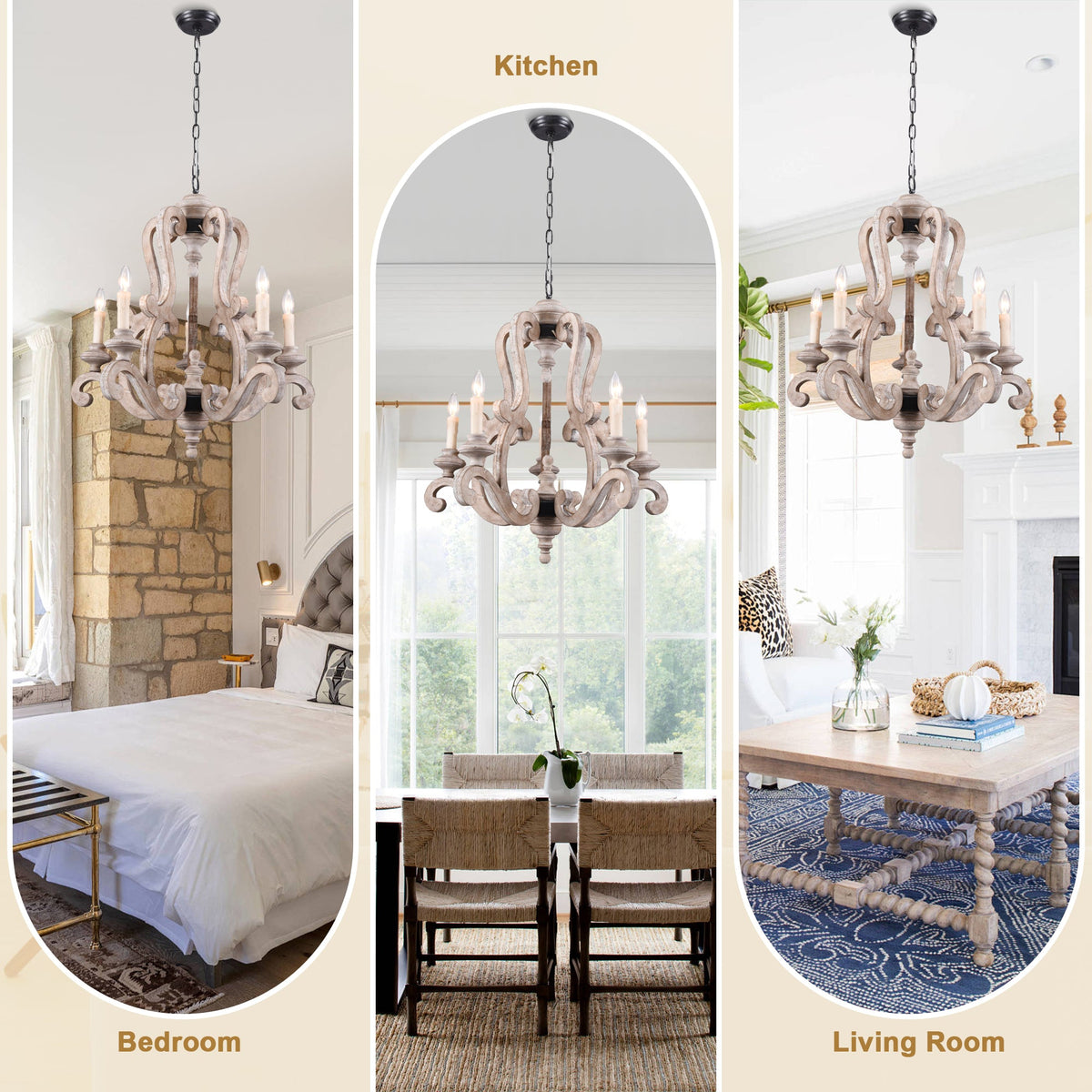 5 - Light Distressed Wood French Country Vintage Chandelier with Adjustable Height,  25" Farmhouse Chandelier for Dining Room