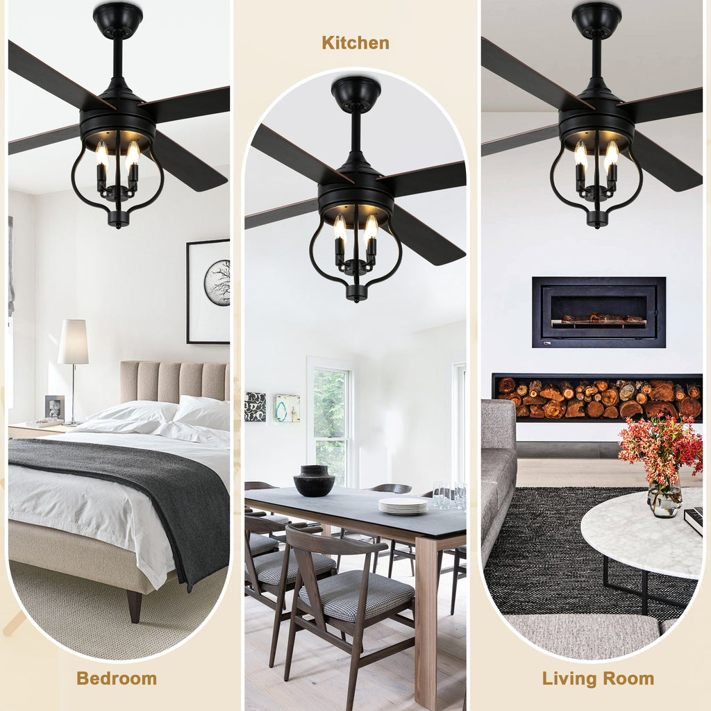 52 Inch Black Classic Ceiling Fan with Lights and Remote Control, 6 Speeds 4-Blade DC Motor Reversible Ceiling Fan for Living Room