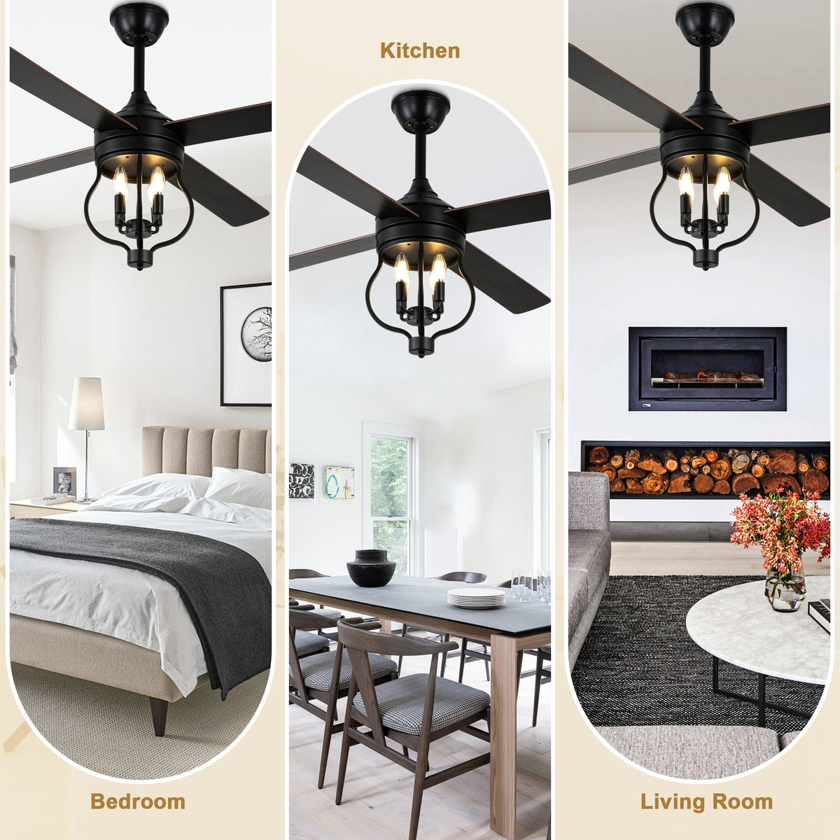 52 Inch Black Classic Ceiling Fan with Lights and Remote Control, 6 Speeds 4-Blade DC Motor Reversible Ceiling Fan for Living Room
