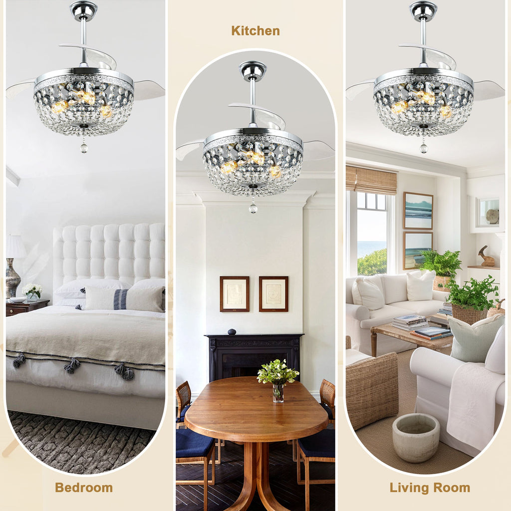 42 Inch Chrome Modern Glam Crystal Retractable Ceiling Fan with Lights and Remote Control, 6 Speeds DC Motor Fandelier Ceiling Fan